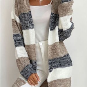 Khaki Colorblock Casual Open Front Long Knitted Cardigan